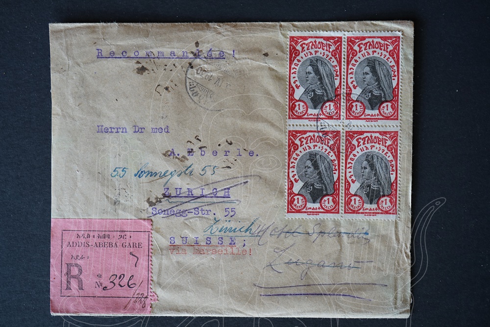 Enveloppe adressée au Dr med A. Eberle par l'ingénieur Hermann Dabbert, Ingénieur du Gouvernement Ethiopien.