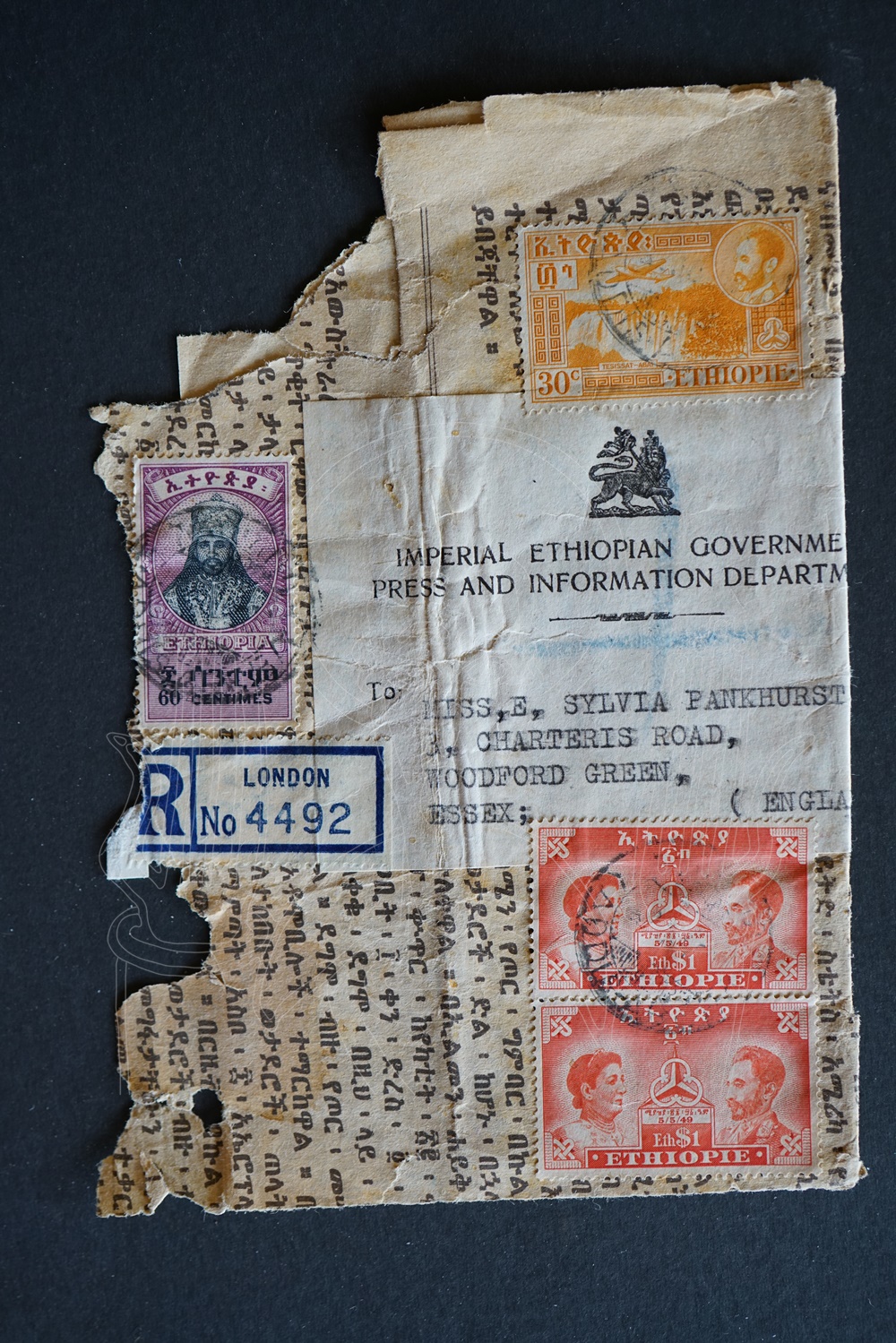 1950’s Ethiopia Cover Government Deptarment to Suffragette Sylvia Pankhurst