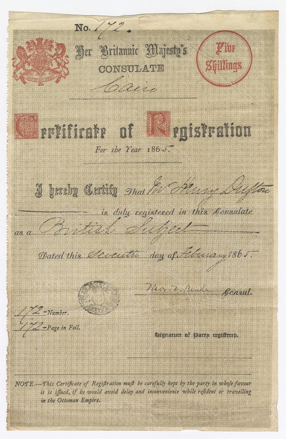 Certificate of Registration by the Britannic Majesty's conultate in Cairo to Henry Dufton