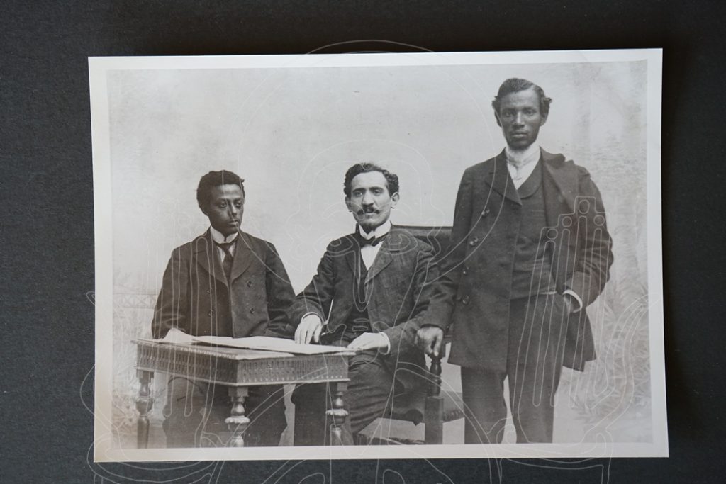 Jacques Faitlovitch (seated center) with Getye Jeremias (right) and Taamrat Emanuel.