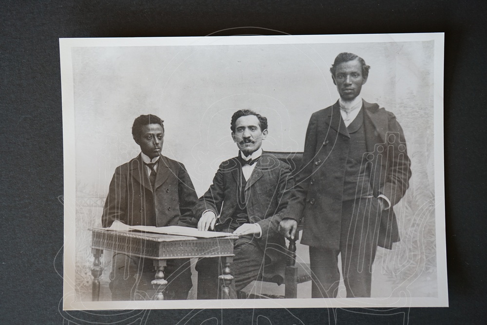 Jacques Faitlovitch (seated center) with Getye Jeremias (right) and Taamrat Emanuel.
