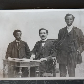 Jacques Faitlovitch (seated center) with Getye Jeremias (right) and Taamrat Emanuel.
